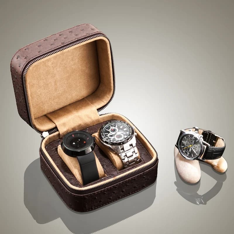 Organizer per scatole per orologi in pelle a 2 slot con cerniera borsa per orologi da viaggio nuova custodia per orologi scatola portaoggetti per gioielli per uomo