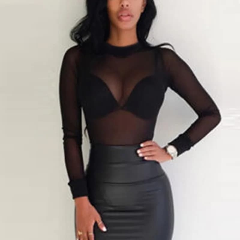Maglietta da donna Sexy See Through maglia trasparente top manica lunga T-Shirt a collo alto da donna Slim trasparente