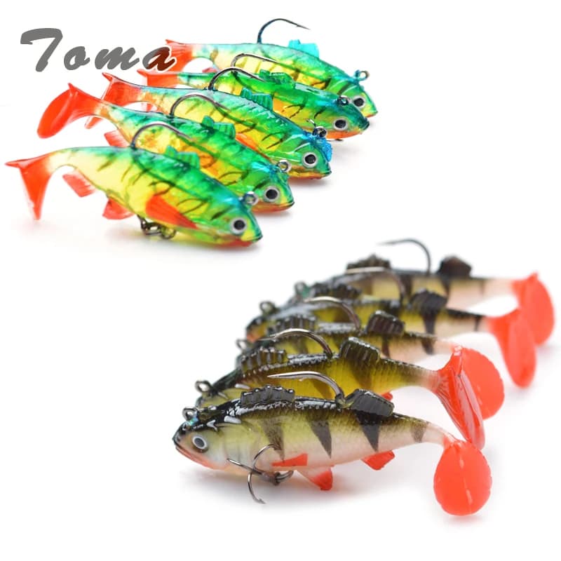 TOMA 5 pz/lotto Esca Morbida Testa di Piombo Esche per Pesci 8g/9.5g Bass richiamo di Pesca Sharp Treble Hook T Coda Attrezzatura da Pesca in Mare