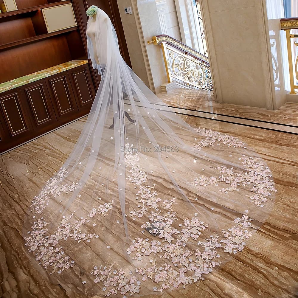 Romantic Two-Layer Lace Wedding Veil 4 Meters Long with Pink Flowers Bridal Veil with Comb AX2019