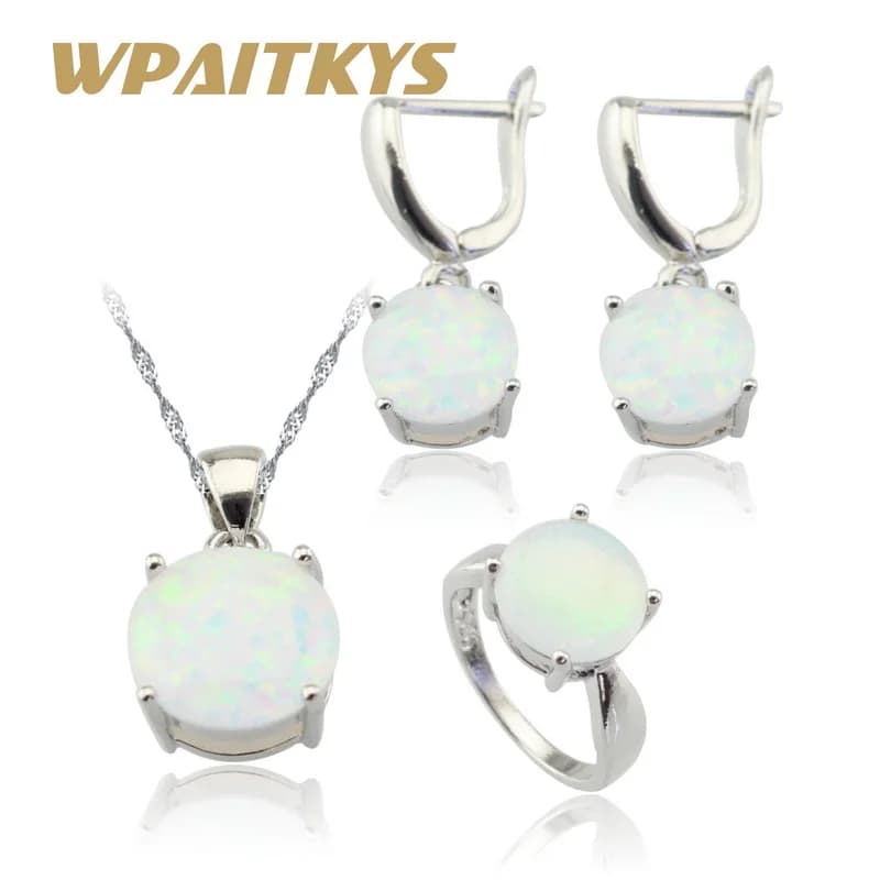 Australia Pietre opale di fuoco bianco Set di gioielli color argento per donna Collana con ciondolo Orecchini pendenti Anelli Confezione regalo