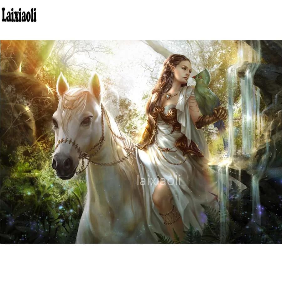 trapano quadrato pieno diamante ricamo ragazza, uccello, cavallo, arte, elfo, fantasia, animale, pittura diamante 5d kit punto croce mosaico