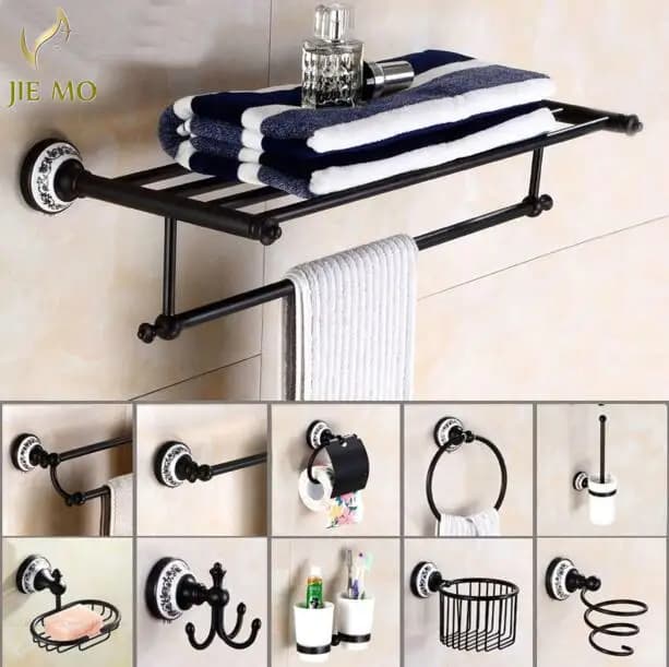 Decorazione poceilain nera finitura rame Ottone Accessori da bagno Set di accessori da bagno Portasciugamani Portasciugamani Porta carta