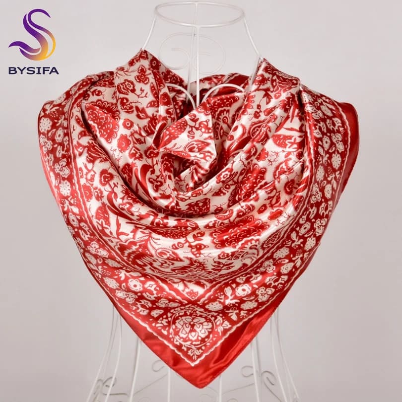 [BYSIFA] Hijab women's scarf New chain design for watch Square red silk scarf Women's scarf Neck scarf Mantella Scarf