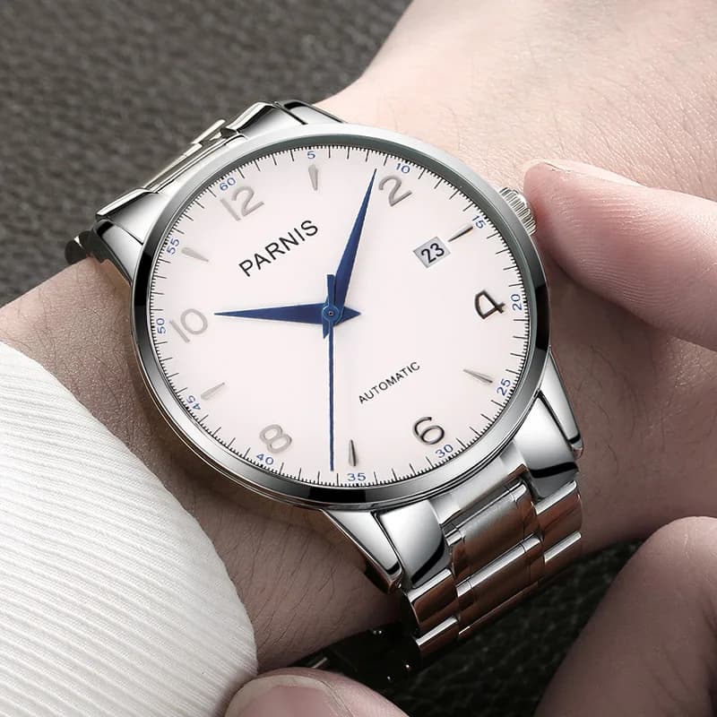 New Fashion Parnis 39mm White Dial Mechanical Watches Stainless Steel Automatic Watch For Men Top Brand Luxury relogio masculino