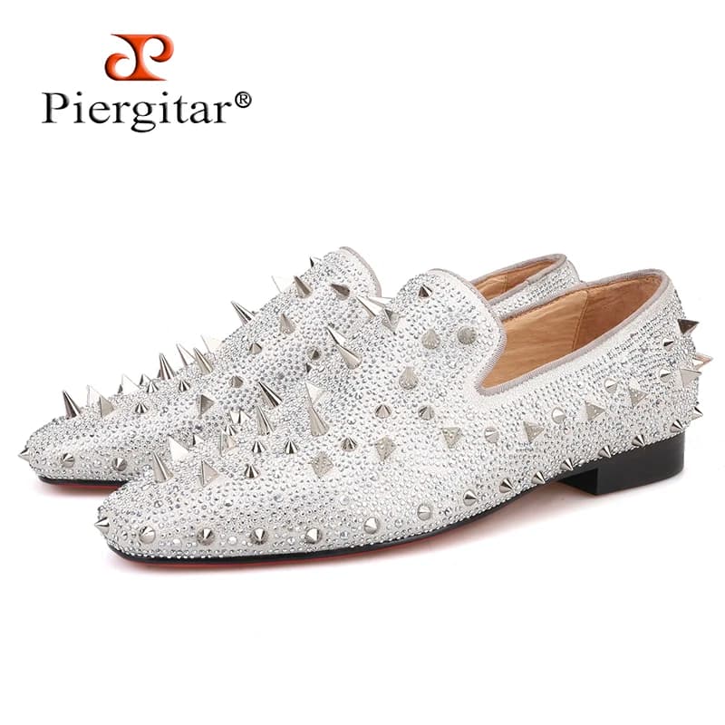 Piergitar Fatti A Mano di Lusso In Oro o Argento Spikes e Diamanti Uomini di Glitter Mocassini In Pelle Adatto per Banchetti e Nozze