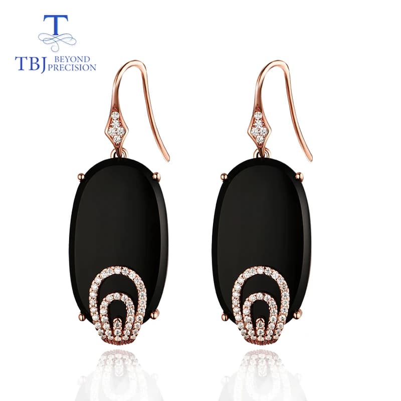 TBJ, orecchino lungo con gancio vogue 26,4 ct, agata nera naturale, onice, argento sterling 925, orecchino con pietra preziosa in oro rosa per regalo da donna