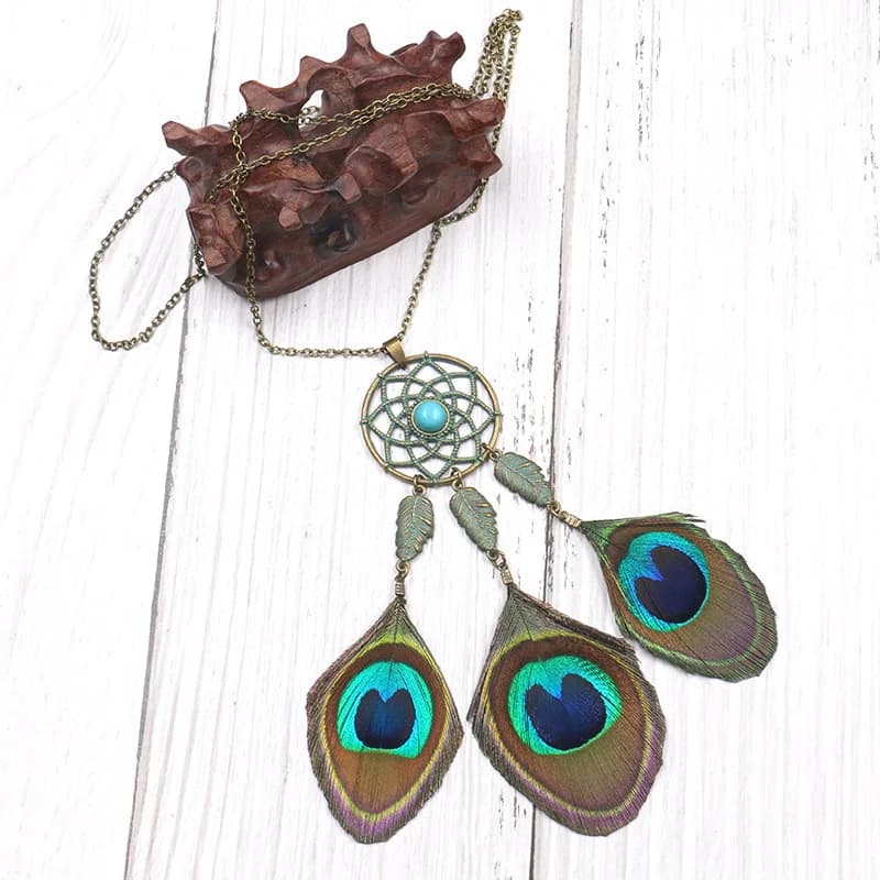 New Ethnic Long Tassel Peacock Fearher Necklaces with Pendant for Women Bohemia Vintage Dreamcatcher Necklace Charm Jewelry Gift