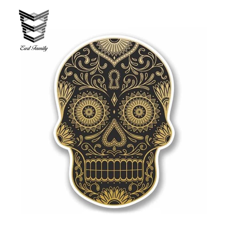 EARLFAMILY 13cm x 8cm Gold Sugar Skull Vinyl Sticker AUTO MOTO Decor BIKE MOTO TUNING Decal Laptop Car Helmet Girls Gift