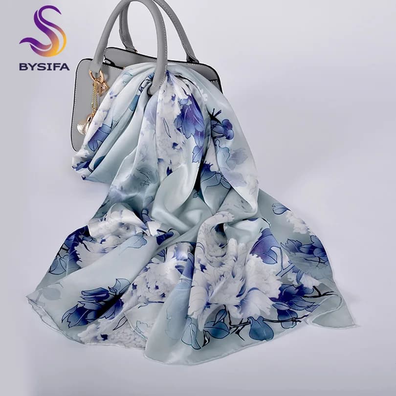 [BYSIFA] Sciarpe grigio argento puro seta Stile cinese Fiore di peonia 100% seta Sciarpa lunga Scialle Moda Primavera Autunno Sciarpa al collo Mantello