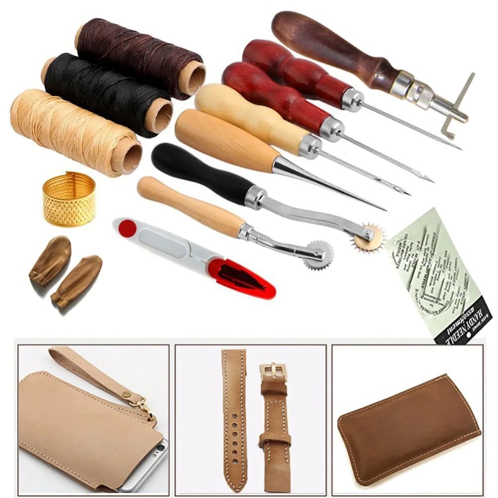 14 pz Mestiere del Cuoio Set Cucitura A Mano Strumenti di Cucito FAI DA TE Corda di Ago Ditale Filo Punteruolo di Lavoro Manuale Kit