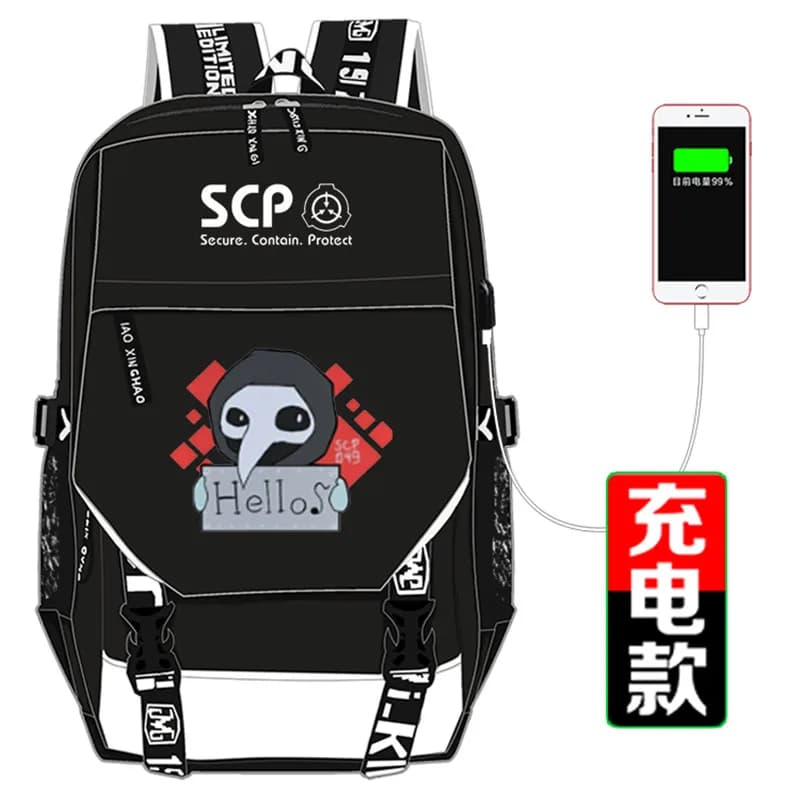 School Bag for Foundation SCP Travel Backpack Oxford Laptop Backpack with USB Charging Book Backpack SCP Anime Animated Cardboard Backpack