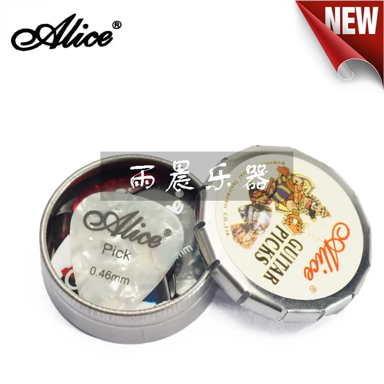 Alice. Plettro per chitarra 0,46 mm 0,71 mm 0,81 mm ciascuno ha 4 pezzi in una simpatica mini scatola di latta in metallo Un totale di 12 pezzi