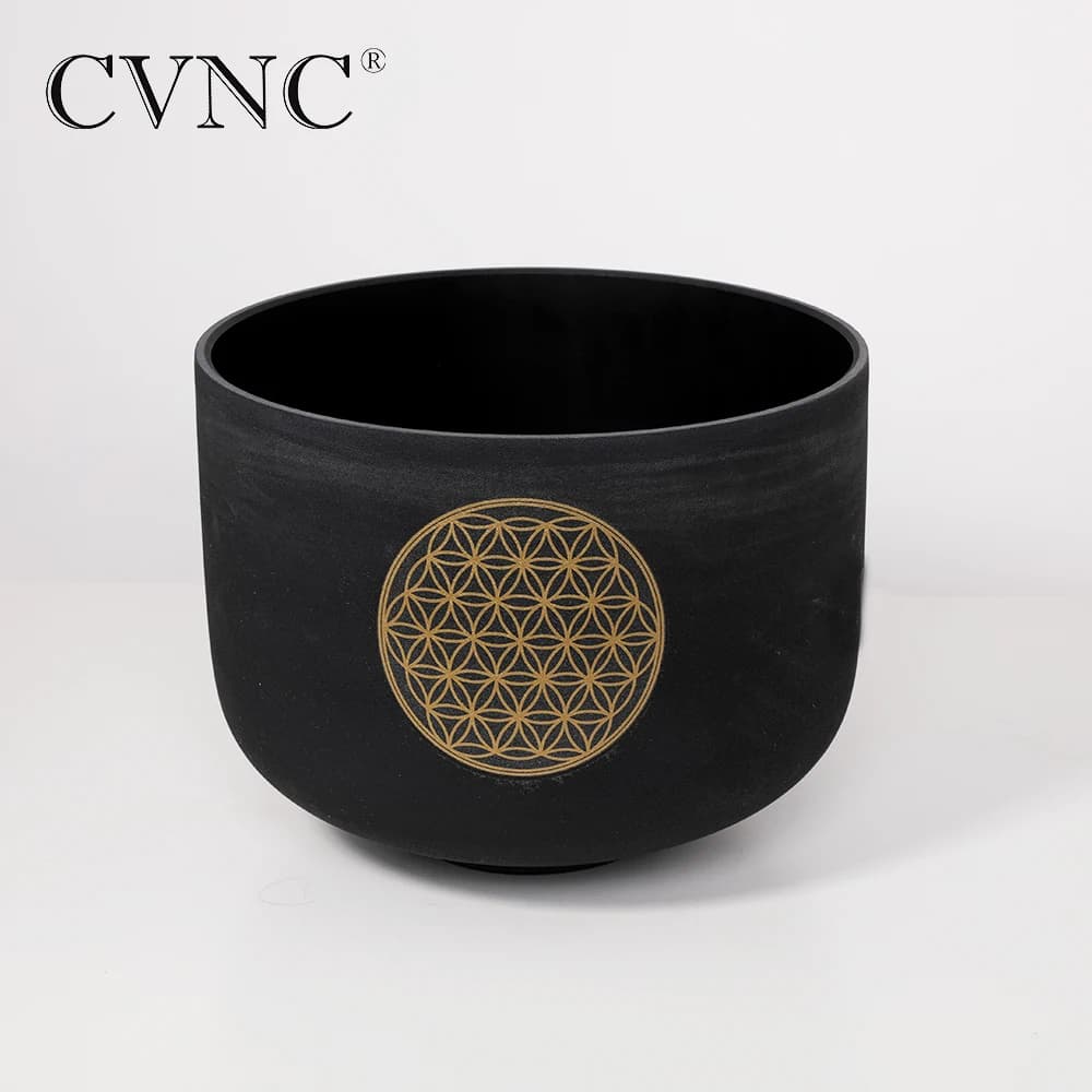 CVNC 8" 528HZ C note Flower of Life Black Colored Quartz Crystal Singing Bowl for Sound Healing and Meditation with Carry Bag