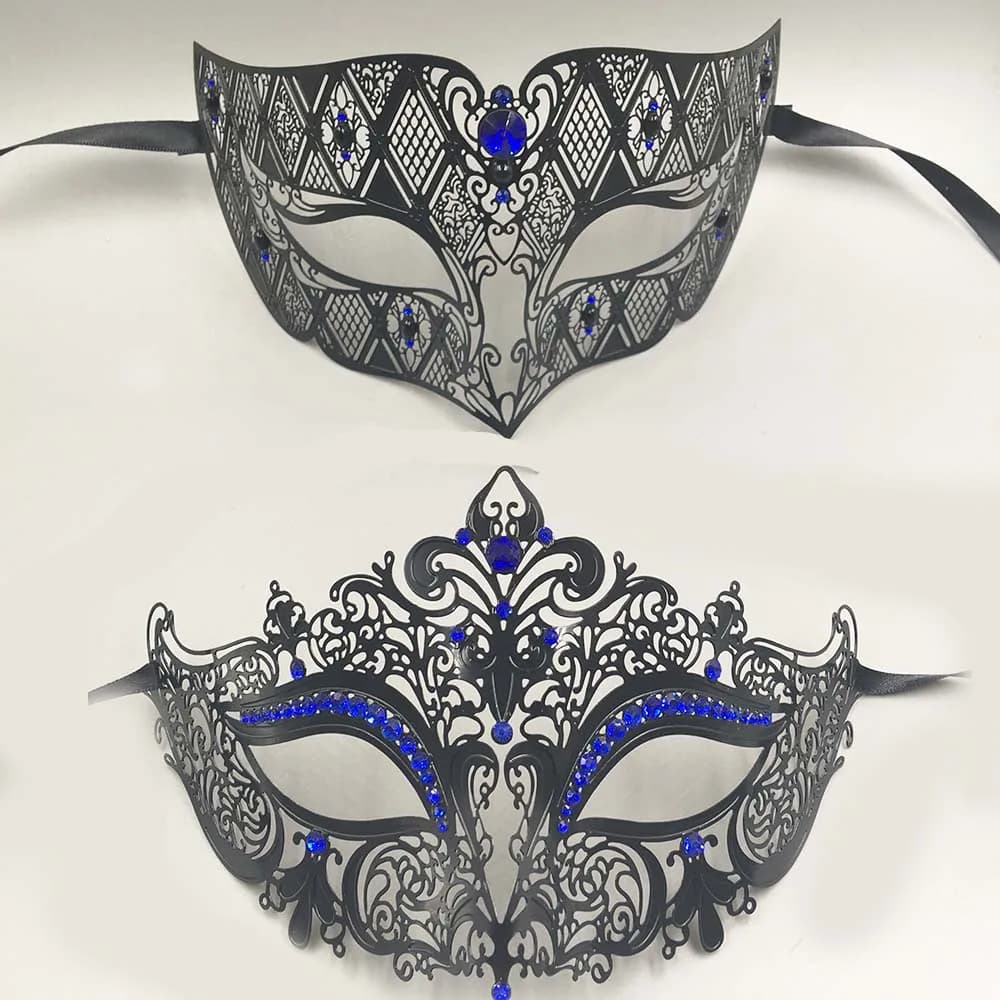 Nero Rosso Blu Strass Fantasma Coppia Maschera in maschera Set Festa di compleanno Costume Palla Metallo Veneziano Uomo Donna Maschera Coppia
