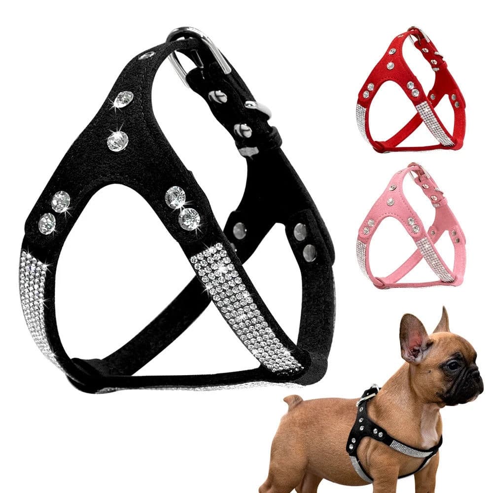 Gilet con imbracatura per cani in pelle scamosciata con strass scintillanti per cuccioli di taglia piccola e media