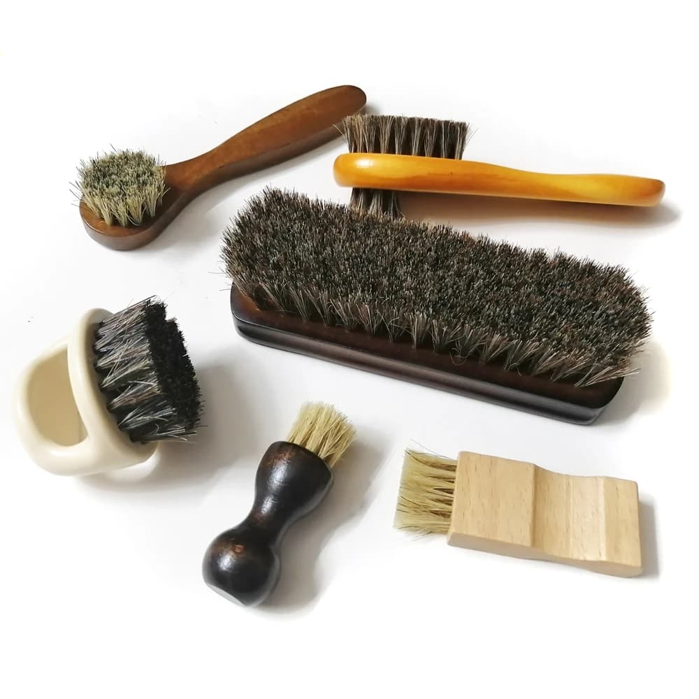 Set da 6 pezzi Spazzola per scarpe con setole di maiale in crine di cavallo, strumento per lucidare l'olio, pelliccia scamosciata, scarpe in pelle trasparente Cenere