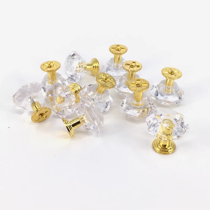 Maniglia per cassetto a forma di diamante da 25 mm, base dorata di lusso, mini maniglie trasparenti per gioielli, pomelli per armadietti in acrilico