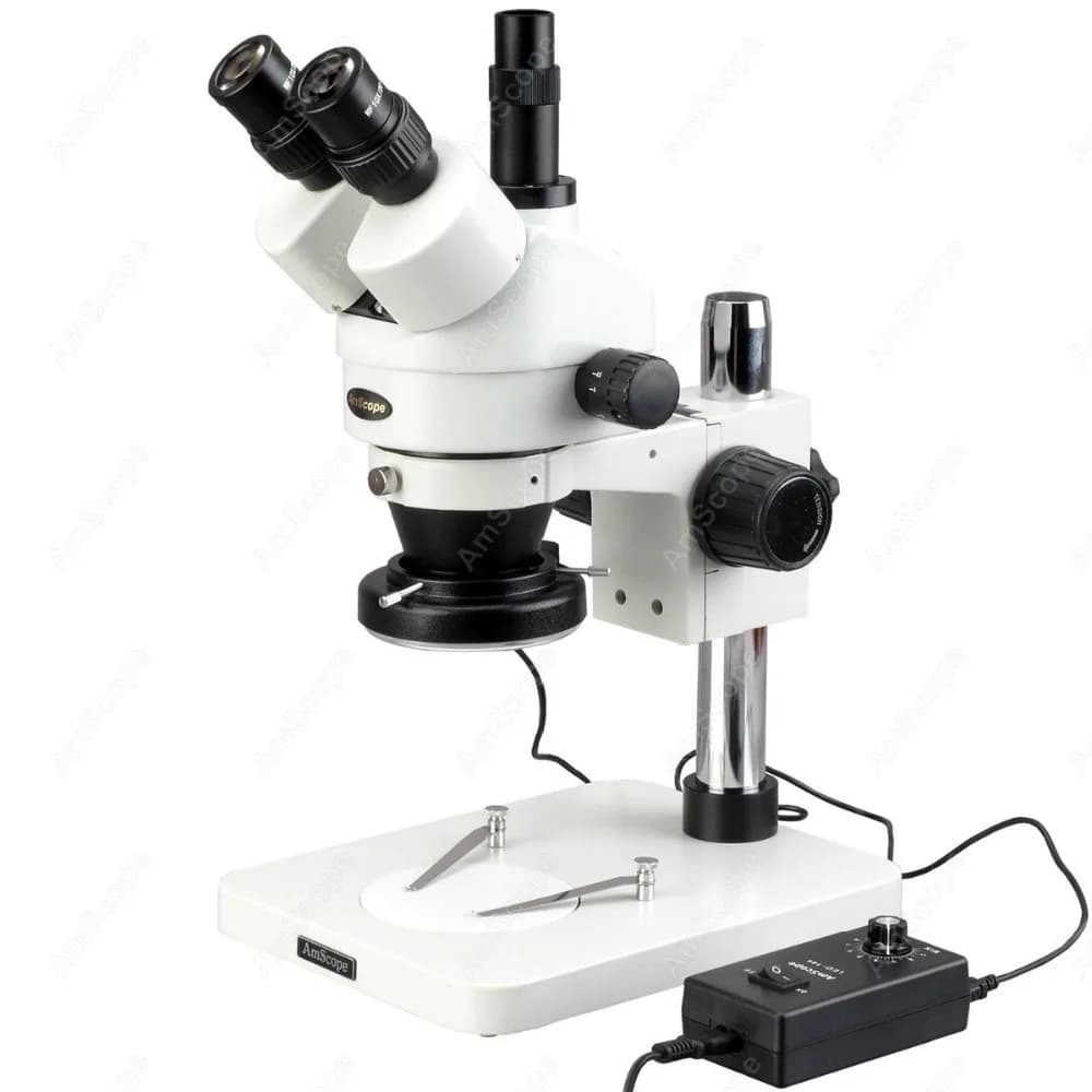Stereo Trinocular Microscope with Zoom AmScope Series SM-1 3.5X-90X+ with 144 LED Ring Light on Column Support