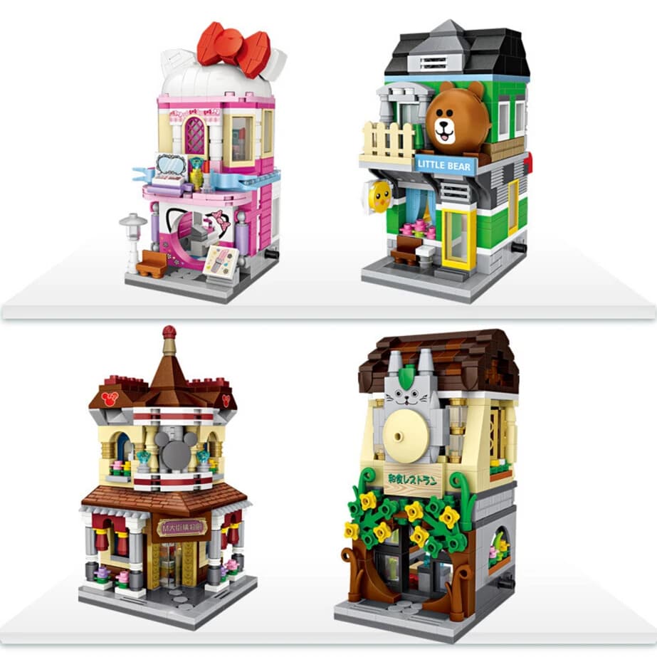 City Street View Mini Block Cat Cosmetics Shop Little Bear Store Ristorante giapponese Centro commerciale Mattoni da costruzione Giocattoli per regalo