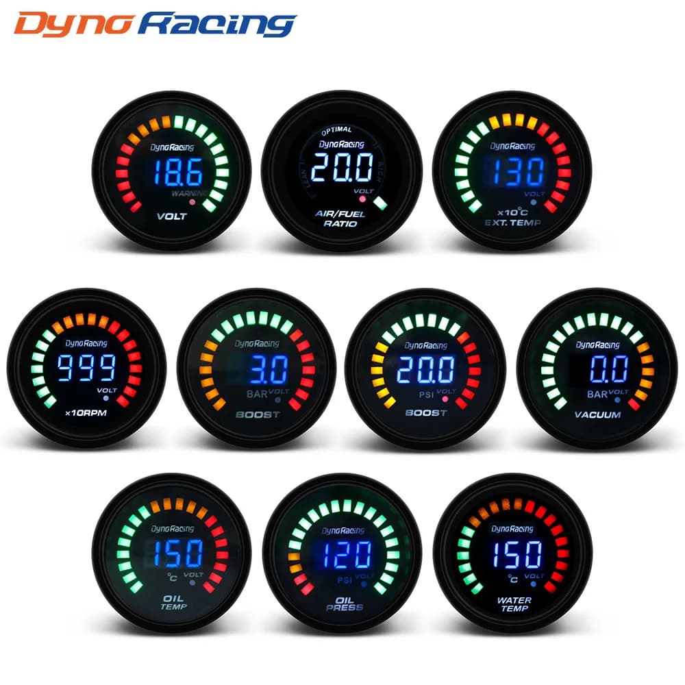 Dynoracing 2 "52MM Digitale 20 LED Boost bar psi Vuoto Temperatura dell'acqua Temp dell'olio Pressa dell'olio Voltmetro Rapporto aria/carburante Temp EGT RPM Gauge
