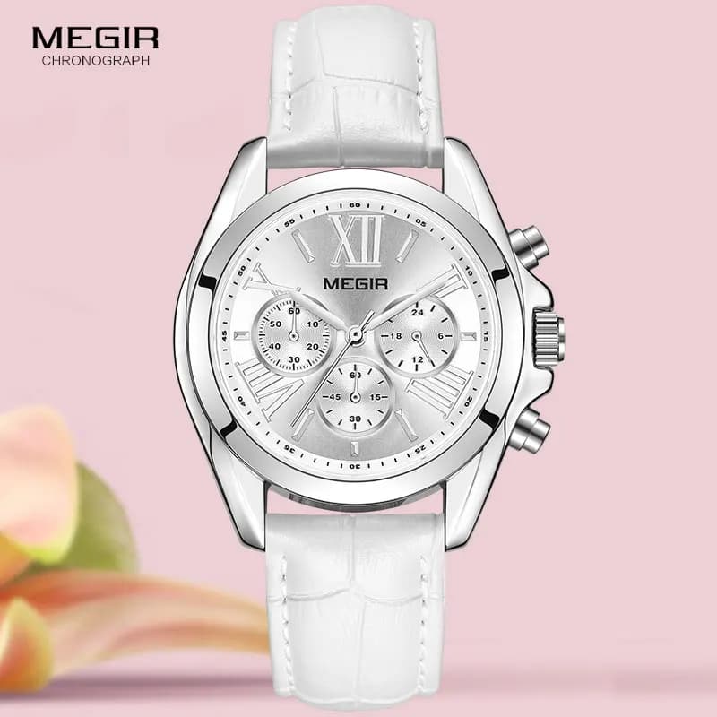 MEGIR2019 New Women's Women's Luxury Leather Top Brand Chronograph Al Quarzo Lady Relógios Femininos Watch 2114 White