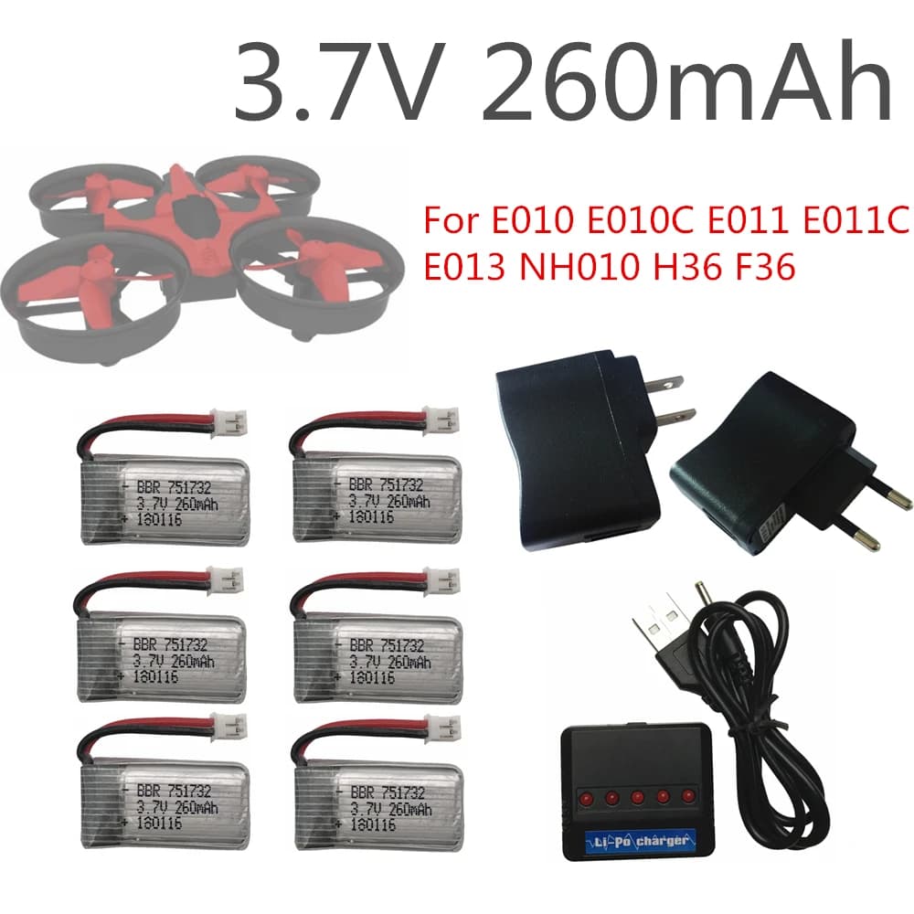 6Pcs 3.7V 260mAh 2.0 connettore batteria Lipo e caricabatterie X6 per Eachine E010 E011 E013 F36 010 H36 Mini RC Quadcopter