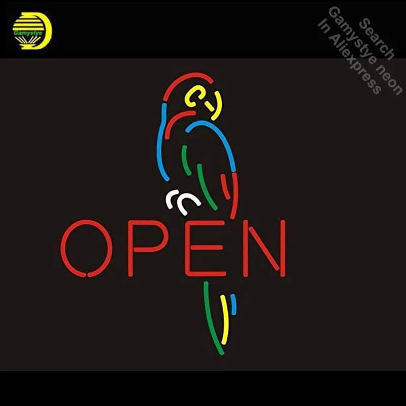 Parrot aperto Birra Insegna al neon Lampadine al neonInsegna Luce al neon Sala Ricreazione appendere Tubo di vetro Artigianato Affiche super luminose Lampade da interno
