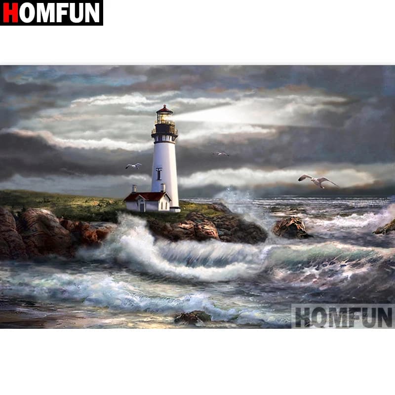 HOMFUN Full Square/Round Drill 5D DIY Diamond Painting "Sea lighthouse" 3D Diamond Embroidery Cross Stitch Home Decor A19050