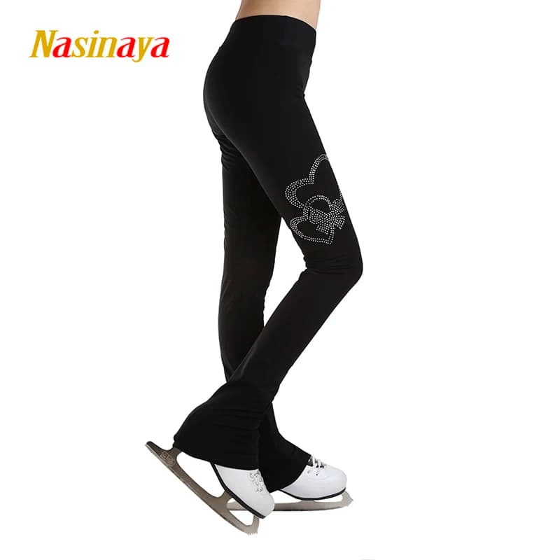 Pantaloni da pattinaggio artistico personalizzati, tuta da pattinaggio, abbigliamento nero, calzamaglia da pattinaggio, pantaloni da allenamento, abbellimento con strass