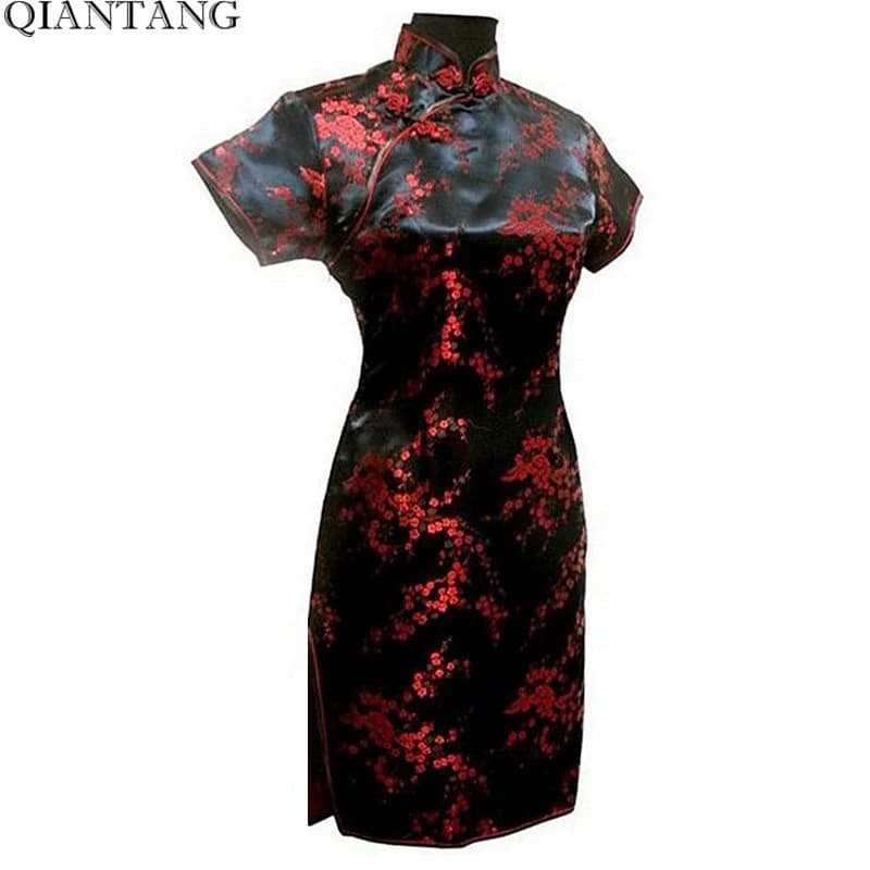 Black Chinese Style Short Cheongsam Traditional Women's Satin Mini Qipao Dress Vestido Clothing Plus Size S-6XL