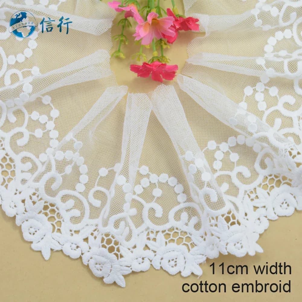 11cm di larghezza ricamo in cotone pizzo bianco nastro per cucire Guipure trim tessuto ordito per maglieria accessori per tende per indumenti fai da te #3593