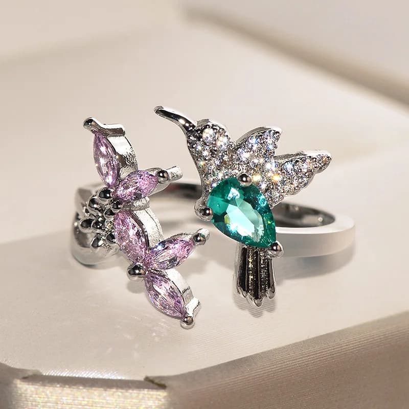 European Creative Bird Flower Opening Rings for Women Unique Chic Inlaid Pink Green Zircon Adjustable Rings Jewelry gift