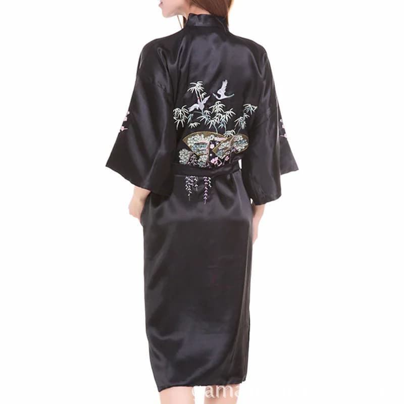 Women's Dress in Japanese Style Black Satin Dress with Embroidery Landscape Night Bathrobe Kimono Vintage Night Dress Kimono