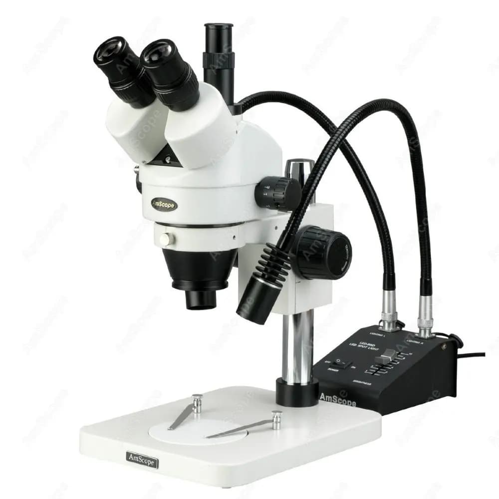 Microscopio Stereo Trinoculare AmScope con Zoom 3.5X-90X + Illuminatore LED a Doppio Collo Flessibile da 6W su Supporto a Colonna