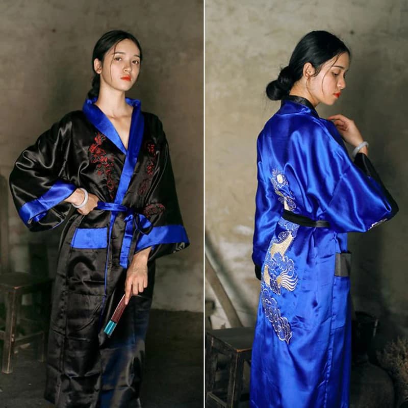 Women's Reversible Bathrobe Kimono Yukata Raso Embroidery Dragon Night Shirt Chinese Kimono Dress Dress Two Sides Nightwear