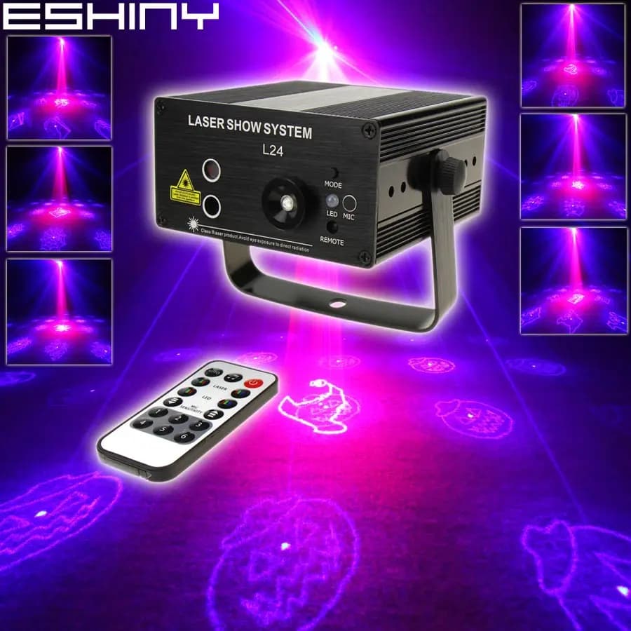 ESHINY Mini Proiettore Laser R&G 24 Motivi Halloween con Telecomando LED Blu per Feste in Famiglia, Bar, DJ, Discoteca, Natale, Illuminazione da Palco T127D3