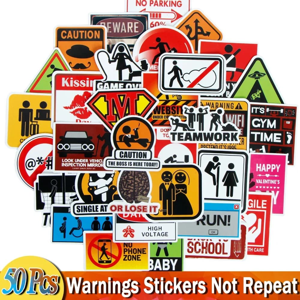 50 pezzi adesivi segnaletica avviso di pericolo divieto promemoria decorazione adesivo per auto fai da te laptop moto valigia frigorifero chitarra notebook
