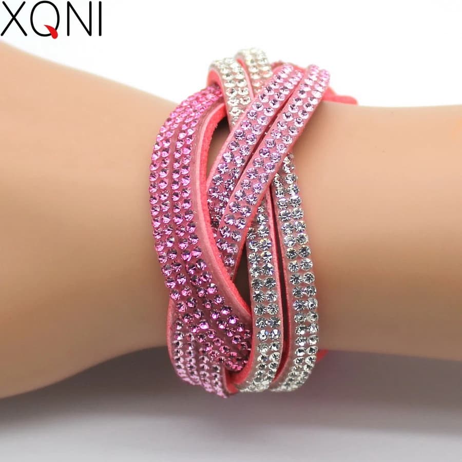 XQNI Braccialetti in pelle di cristallo fatti a mano di marca Braccialetti da donna Braccialetti con ciondoli intrecciati con strass rosa di marca alla moda