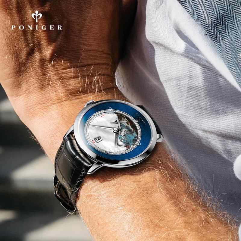 PONIGER Men Automatic Watch 41mm Luxury Mechanical Wristwatch 50M Waterproof Scenery Dial Windmill Second Hand Sapphire Luminous