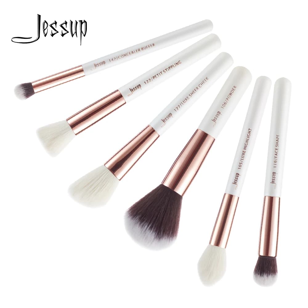 Jessup Kit pennelli trucco professionale 6 pezzi bianco/oro rosa naturale polvere per capelli correttore evidenziatore pennello cosmetico T224 bianco