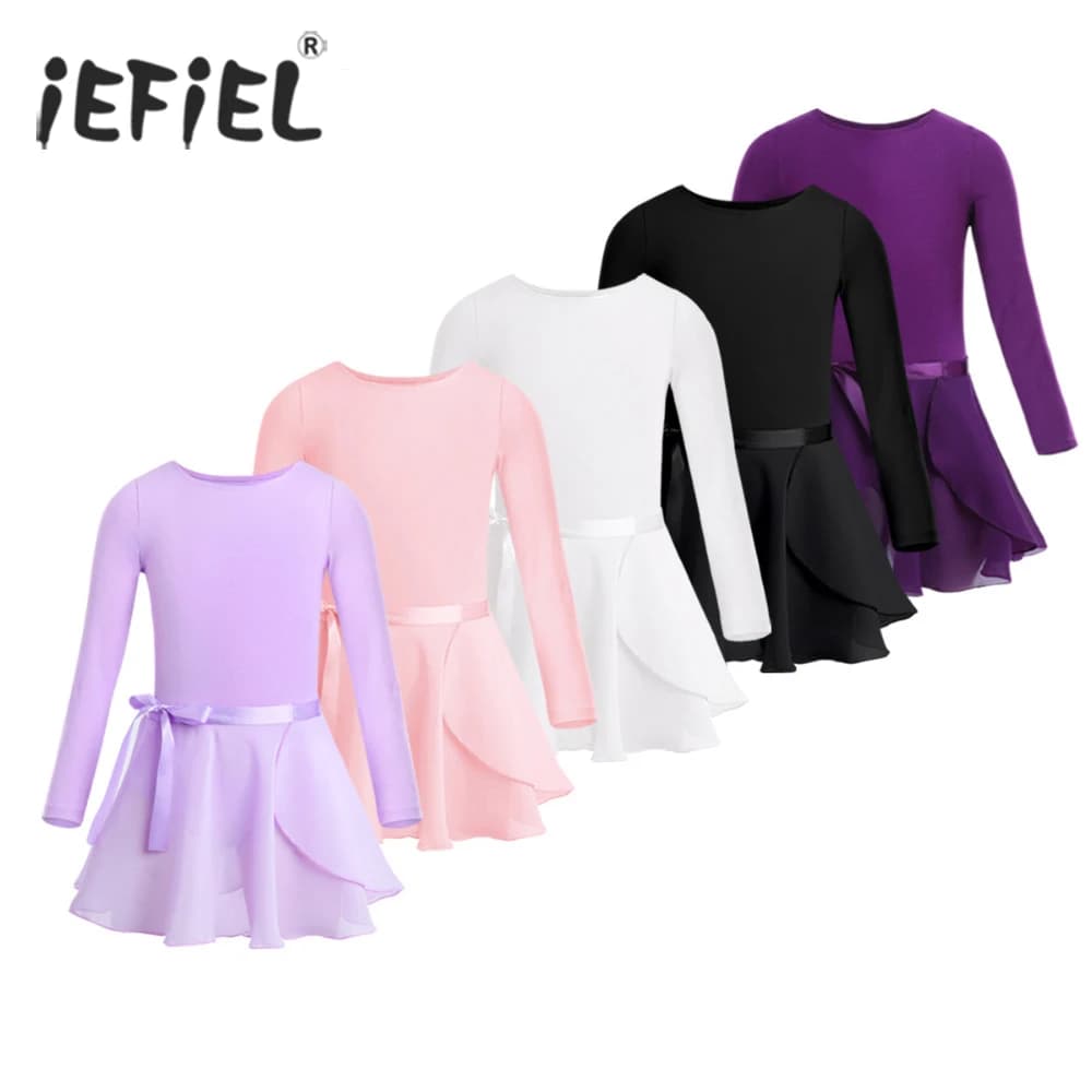 Ragazze Tutu di balletto body Dancewear maniche lunghe balletto danza classe ginnastica con gonna legata in Chiffon Set abbigliamento Ballerina