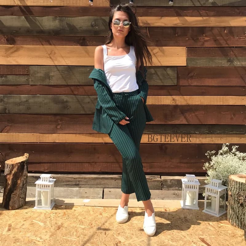 Work Fashion Pant Suits 2 Piece Set for Women Double Breasted Striped Blazer Jacket & Trouser Office Lady Suit Feminino