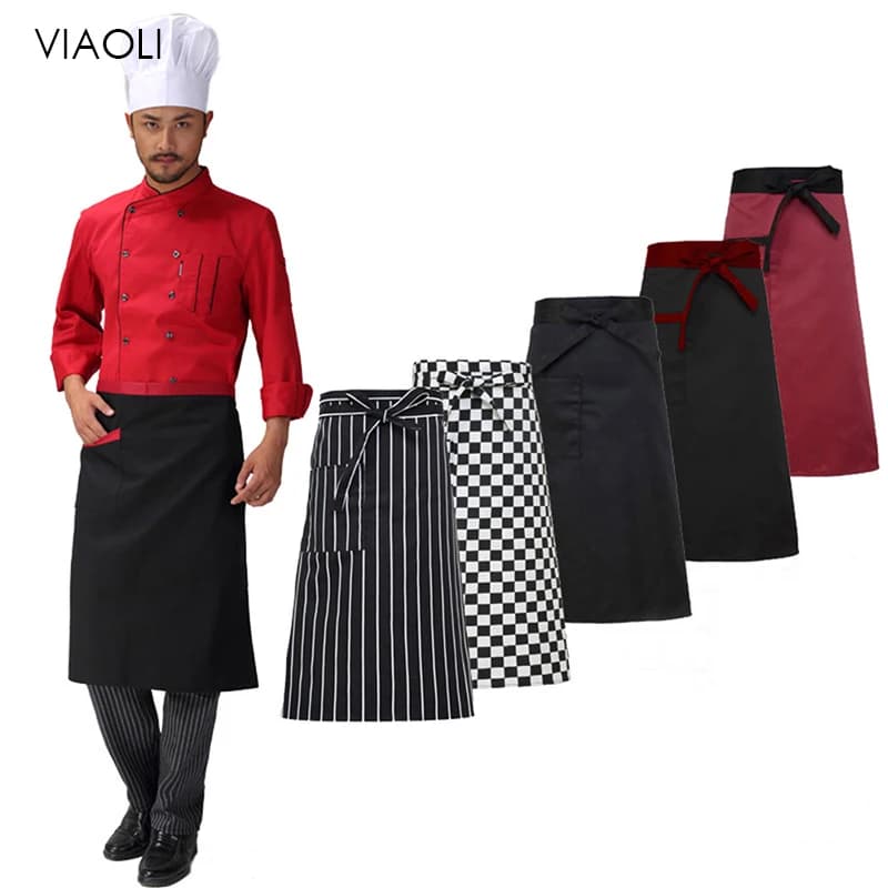 Prezzo all'ingrosso Grembiule da cucina Grembiule da cucina a righe scozzese a mezza lunghezza a vita corta con tasca Grembiule da bar per cameriere da chef per catering