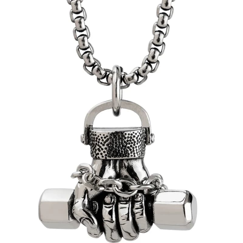 Stainless Steel Necklace with 3D Handlebar Shape Pendant Realistic, Fitness Jewelry for Men and Women