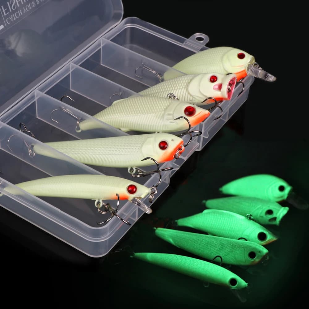 Goture 5pcs/lot Night Fishing Lure Kits Minnow/Wobblers/Popper/VIB/Pencil Lures Fishing Luminous Artificial Bait With Lure Box