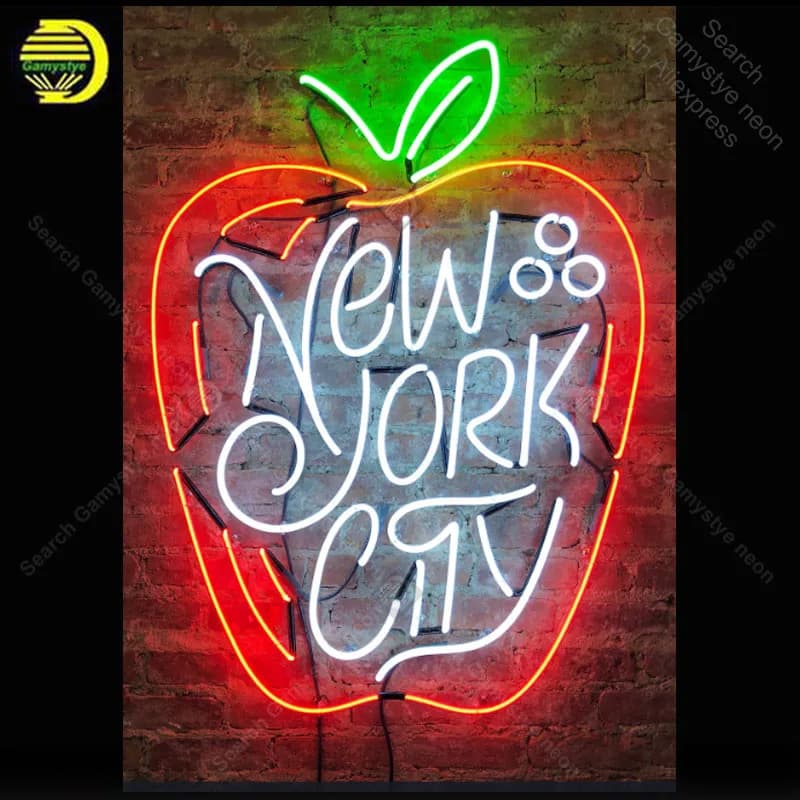 Insegna al neon per la nuova città Yor Lampadina al neon a forma di mela insegna artigianale Tubi in vero vetro finestre Dropshipping luci da bar al neon Decorazioni per la casa