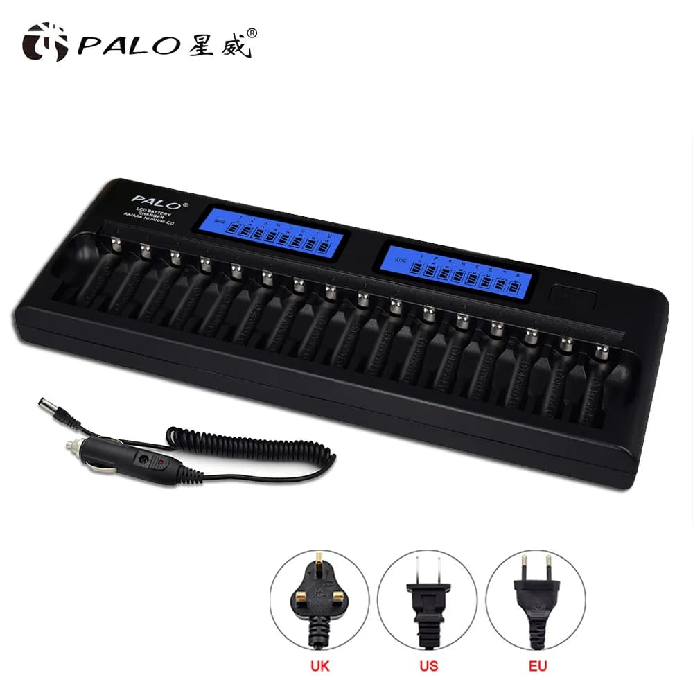 Palo nuovo 16 slot intelligente 2-LCD Display AA/AAA caricabatteria per NI-MH NI-CD batterie ricaricabili con caricabatteria per auto