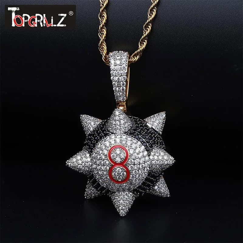 TOPGRILLZ Nuovo fuori Ghiacciato Trippieredd Ispirato Spike 8-palla Da Biliardo Pendente Della Collana Con Campi Da Tennis Catena Dei Monili di Hip hop