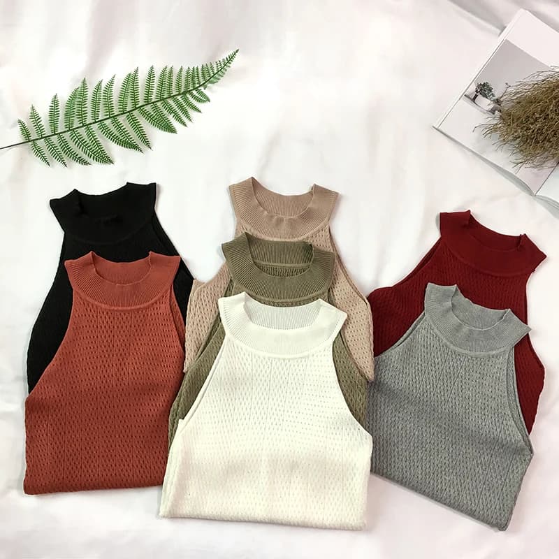 Canottiere con spalle scoperte lavorate a maglia da donna, canotta lavorata a maglia per ragazze, magliette corte senza maniche
